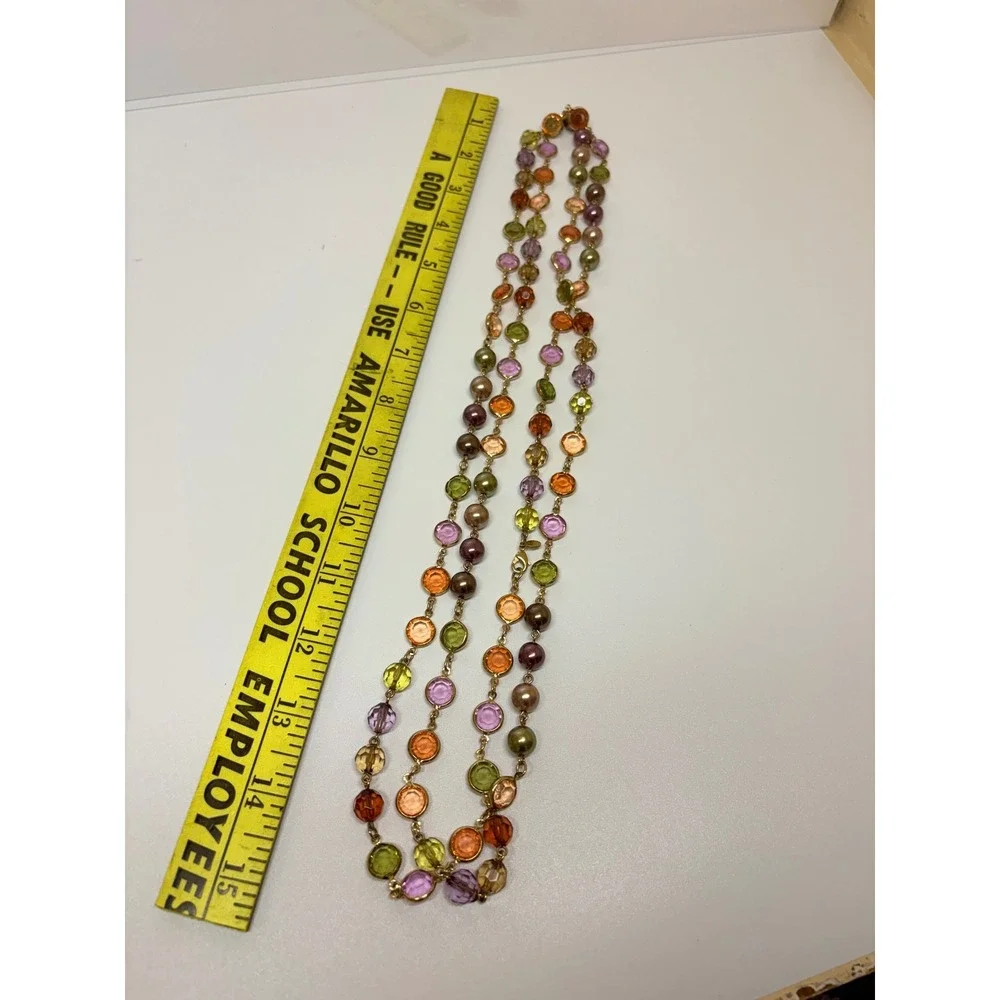 Multi Color Crystal Faux Pearl Long Station Necklace Gold Tone 42 Inch